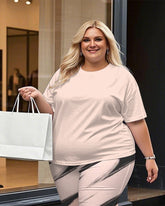 Women's Plus Size Solid Color T-Shirt and Printing Stripes Trousers Suit